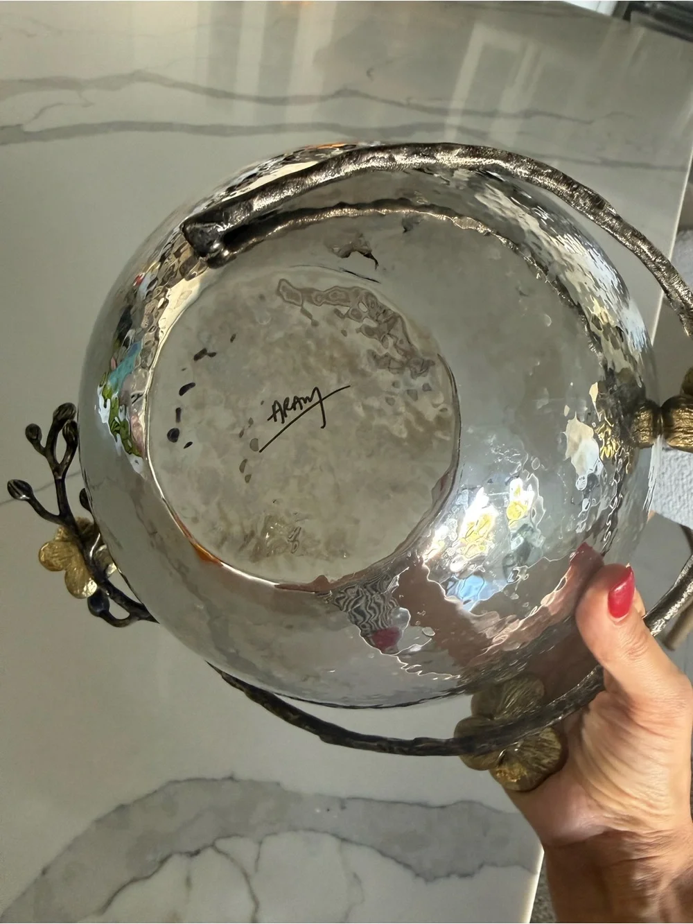 Decorative Michael Aram Silver Hammered Bowl with Gold orchid